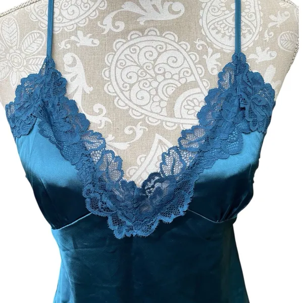 Teal Blue Satin Lace Slip Dress Chemise M Y2K Lingerie Aesthetic Feminine Coquet - Image 3