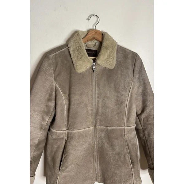 Guess Shearling Jacket Women's Tan Faux Fur Lined Suede Leather Coat Medium - Image 2