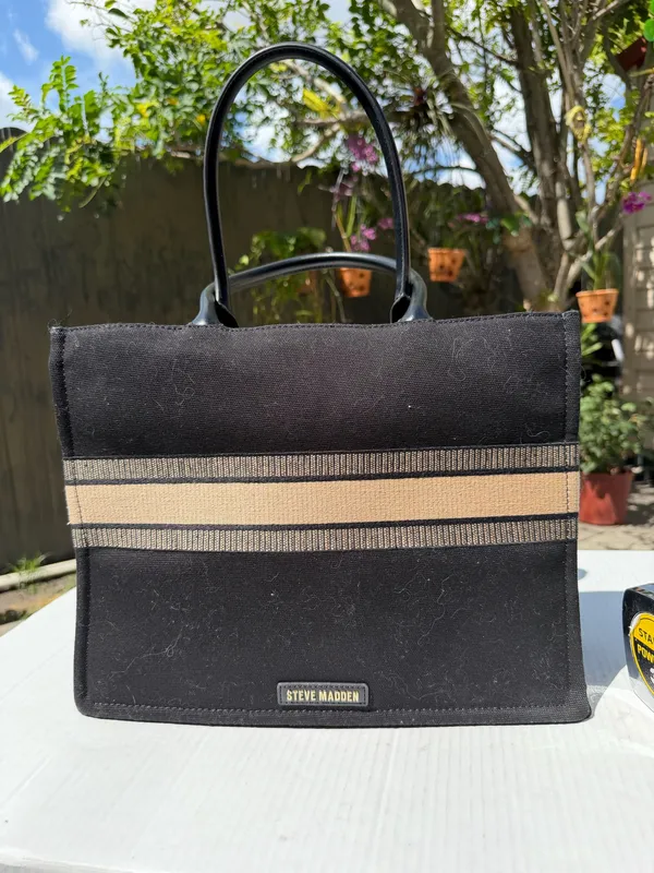 ST BARTS Black Canvas Tote Bag Beige Stripe Resort Beach Handbag - Image 10
