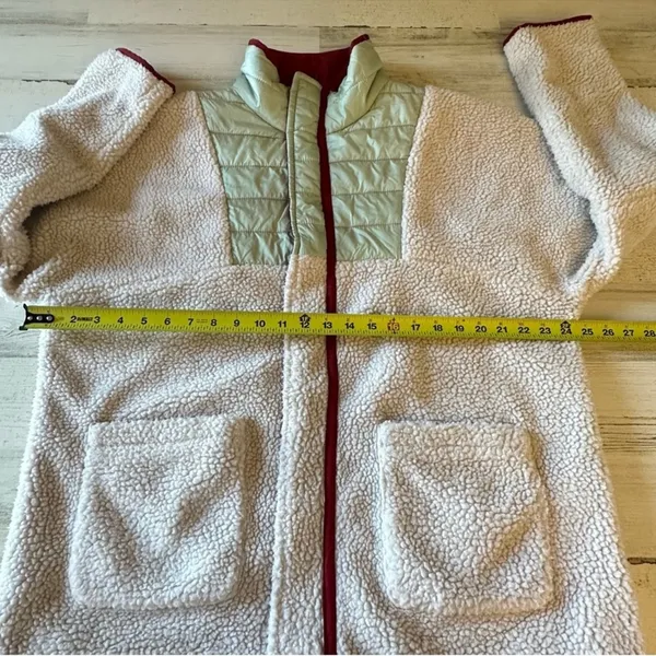 Urban Outfitters UO Mixed Media Sherpa Fleece Windbreaker Jacket Cream‎ Green Lg - Image 12