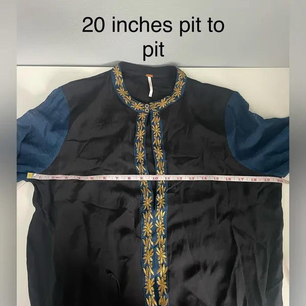 Free People Black & Blue Gold Embroidered Boho Blouse Top - Image 6