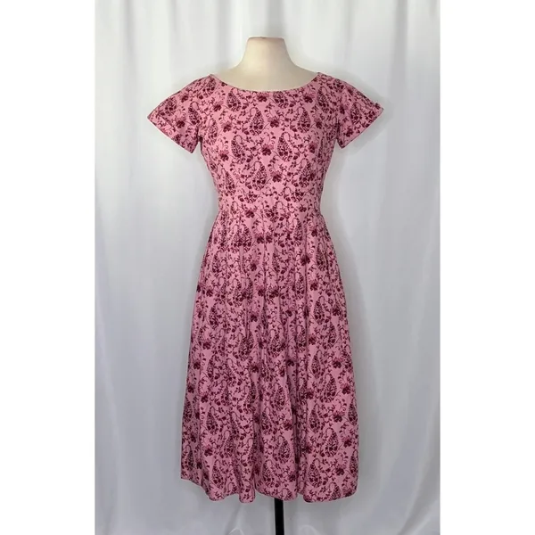 GAL MEETS GLAM Hallie Dress Paisley Floral Pink Purple Box Pleats Pockets Size 8 - Image 2