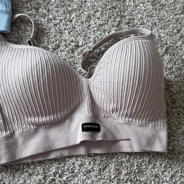 Lucky Brand Ribbed Seamless Bralette 3 Pack Blue Grey Pink Size L NEW - Image 2