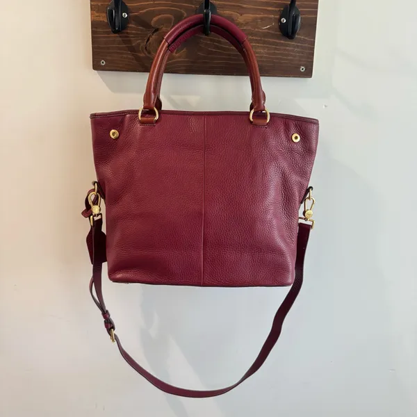 Isaac Mizrahi Bridgehampton Burgundy Cognac Leather Tote‎ Messenger Turnlock Bag - Image 9