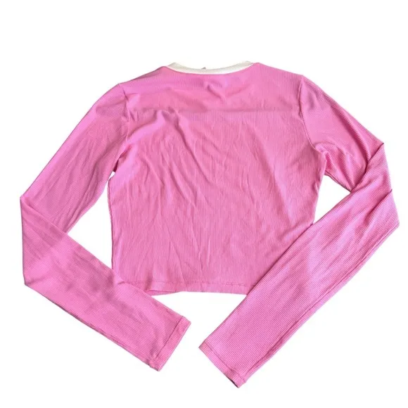 Skims Size M Ringer Long Sleeve Crop‎ Top Bubblegum Pink Soft Lounge Ribbed - Image 4