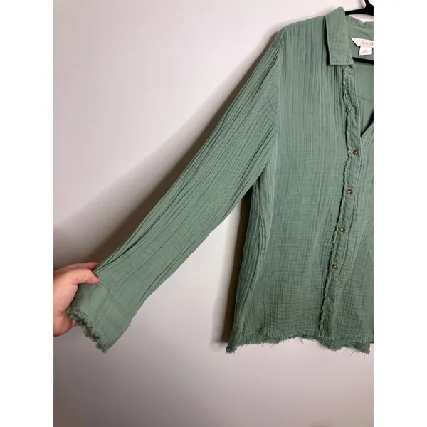 Natural Reflections Button Down Women M Green Excellent Frayed Cotton Gauze Top - Image 3