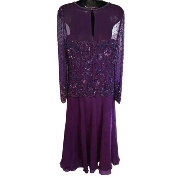 Vtg Adrianna Papell 100% Silk Beaded‎ Maxi Dress Sz 6 Purple Drop Waist Sheer - Image 3
