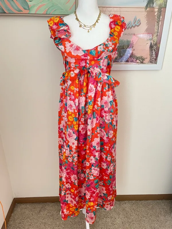 Sugar Lips Satin Floral Ruffle Midi Dress in Medium New - Image 8