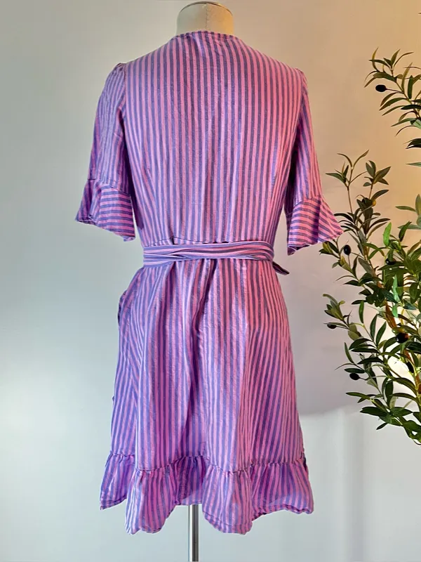 Gap Linen Purple and pink Striped Wrap Dress with Ruffle Hem - Image 5