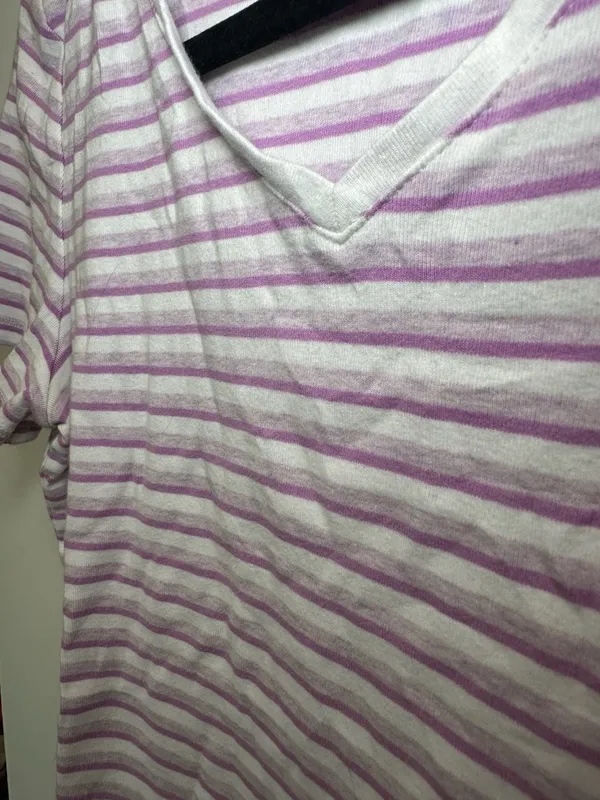 Talbots 100% Cotton Short Sleeve Striped V-Neck T-Shirt Size L White and Purple - Image 4