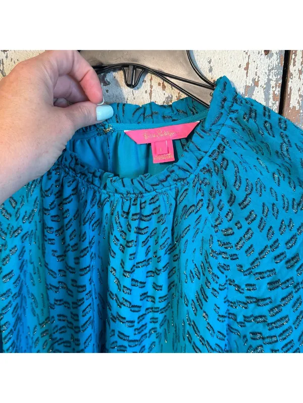 Lilly Pulitzer Silk Caline Metallic Turquoise Top Long Sleeve Blouse, size Large - Image 3