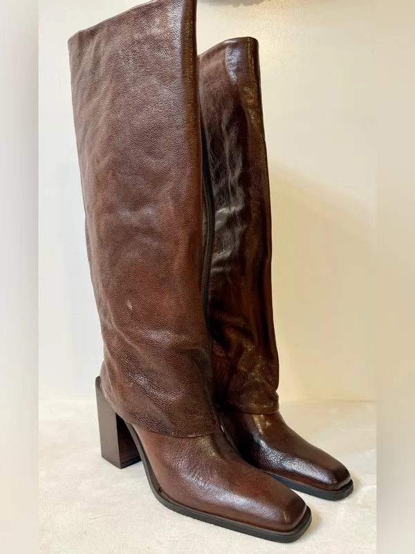 NWT Emauele Crasto Leather Fold Over High Shaft Boots in Brown Size 39 - Image 4