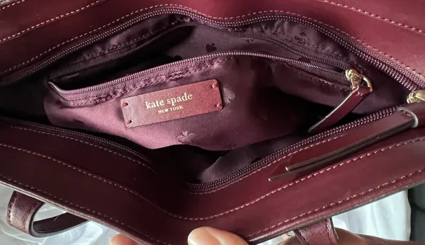 Kate Spade Kerri Medium Tote Bag Burgundy Leather with Glitter Flower Charm - Image 11