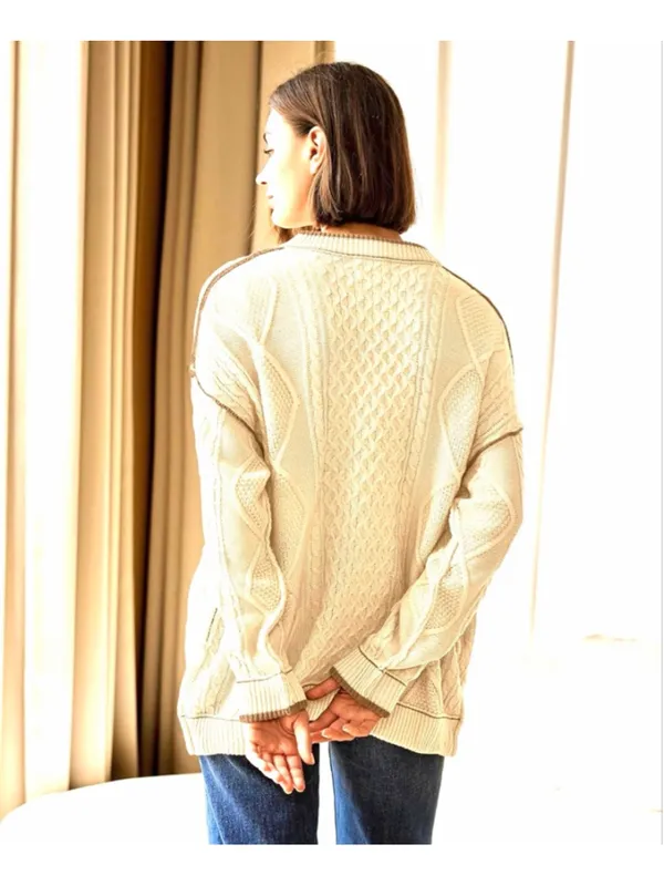 NEW Cable Knit Oversized Cardigan Button Up Striped Sweater S - Image 2
