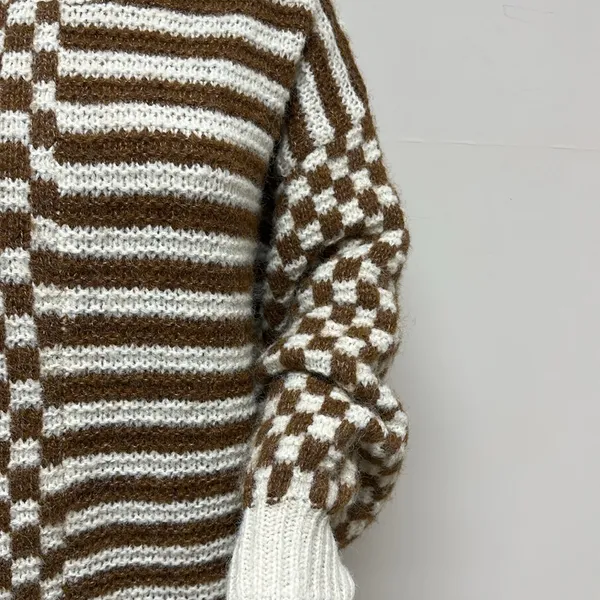 NWOT Blu Pepper Cream & Brown Checkerboard & Striped Sweater Sz S Puffed Sleeve - Image 3