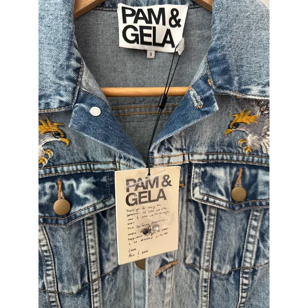 PAM & GELA Statement Denim Embroidered Jacket with Rhinestone Eagles‎ Size Small - Image 8