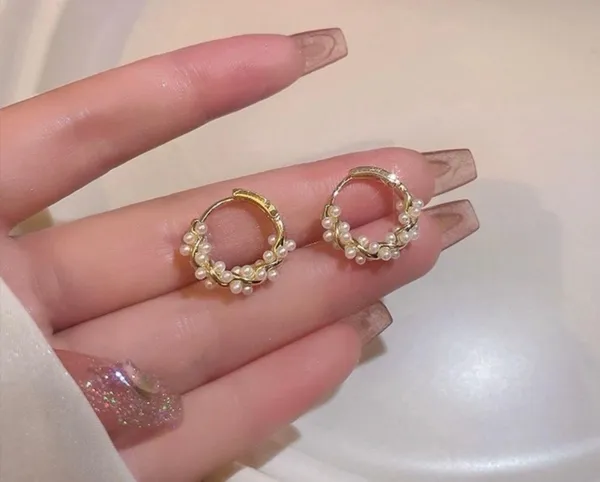 18K Gold Plated White Pearl Hoop Earrings for Women - Image 2