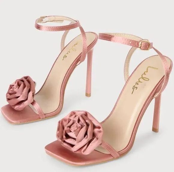 NWT 𝅺Lulu’s Flowaa Pink Satin Rose Rosette Flower Ankle Strap Heels Size 7.5 - Image 4