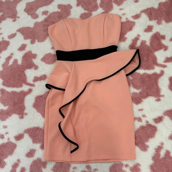 Elegant Peach Strapless Peplum Ruffle Dress Size Small Coquette Glam - Image 6