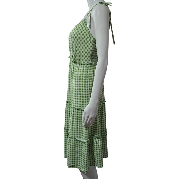 AS U Wish Gingham Smocked Tiered Midi Dress Green White Tie Shoulder Size L - Image 3