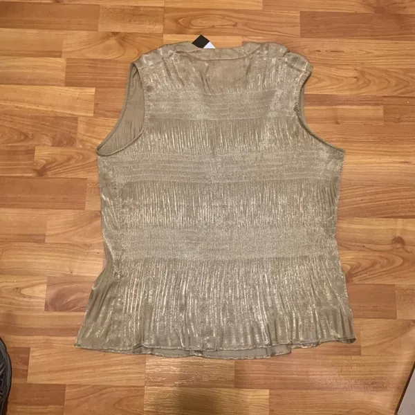 Tahari Tan Plissé Pleated Sleeveless‎ Blouse New With Tags in size M - Image 2