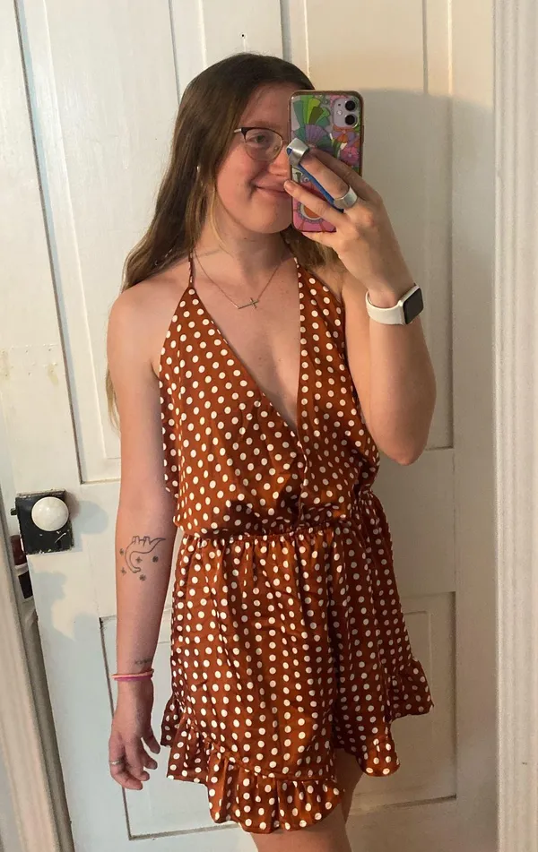 polka dot halter neck romper play suit in burnt orange - Image 4