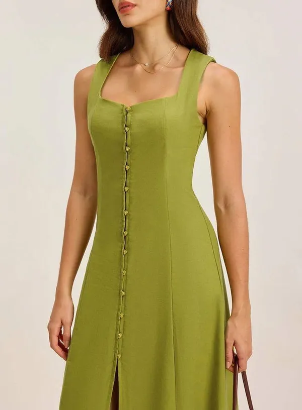Rihoas Green Square Neck Button Sleeveless Midi Dress - Image 3