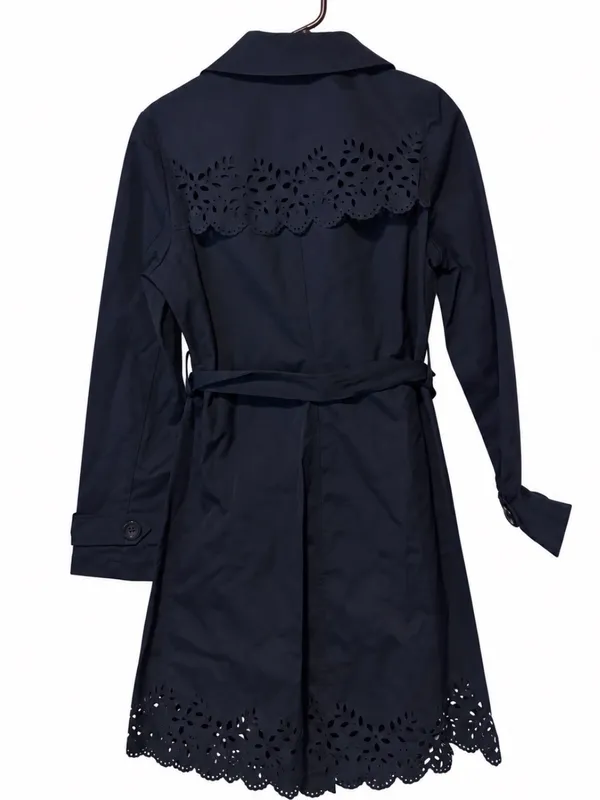 New York & Company Navy Belted Trench Coat Floral Eyelet Scalloped Hem size m - Image 6
