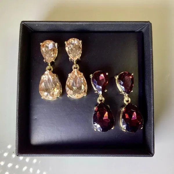 Crystal Drop Earrings, 2 pairs Gold - Image 4