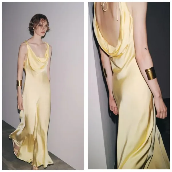 Zara Butter Yellow Satin Cowl Neck Midi Slip Dress Size Large Cocktail Wedding - Image 13