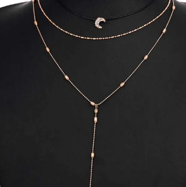 Boutique NEW Gold Dainty‎ Leather Moon 3 Layer Adjustable Necklace - Image 3