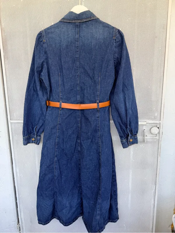 Zara Dark wester Blue Denim Midi Shirt Dress with Brown Belt - Image 6
