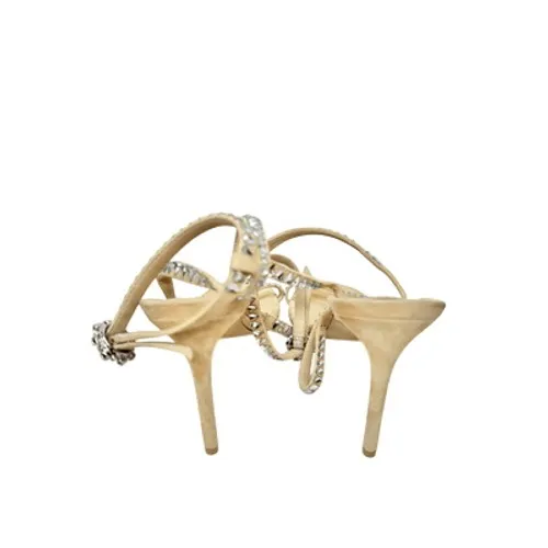 Stuart Weitzman Crystal Embellished Strappy Sandals Beige Suede Heels Size 8B - Image 7