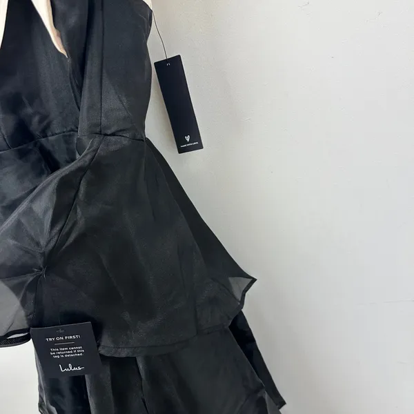 Lulus Black Tiered Organza Midi Dress Ivory Bow Sleeveless Party Cocktail XL NWT - Image 7