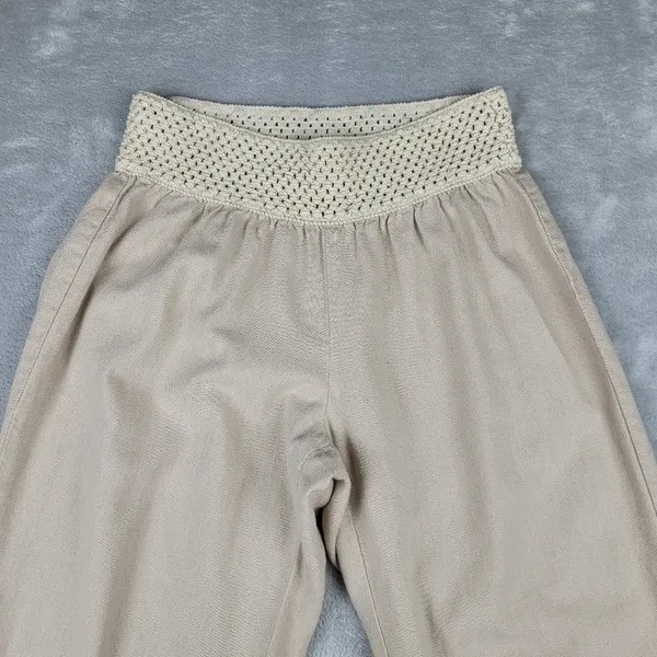 Kiss & Cry Linen Blend Pants Beige Crochet Elastic Waist Size L Large - Image 2