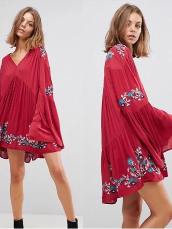 Free People Te Amo Embroidered Boho Mini Dress Red Ruby XS - Image 7