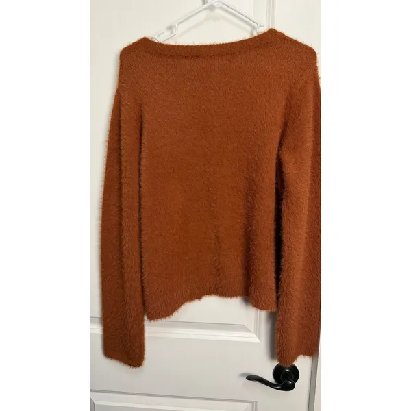 Hem & Thread Rust Orange Fuzzy Eyelash Knit‎ Star Embroidered Cardigan Sweater M - Image 6