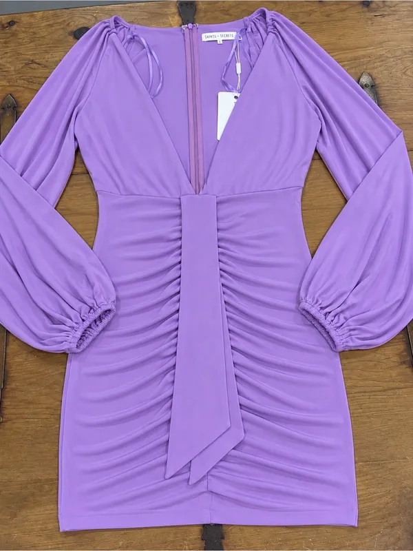 Saints + Secrets Purple Paradise Plunge Ruched Bodycon Mini Dress Large NWT - Image 3