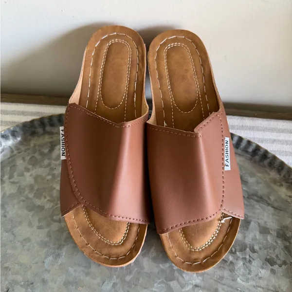 Women's NEW Wedge Slip On Tan Colored Open Toe Shoe #260768 - Image 6
