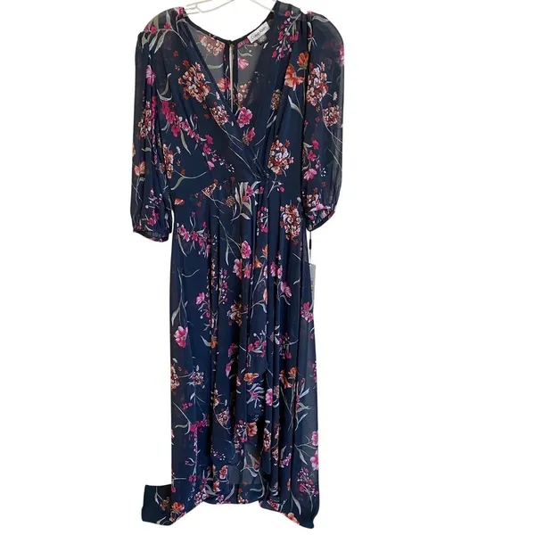 Calvin Klein Navy Blue Floral Chiffon High Low‎ Maxi Dress 4 NWT Wedding Guest - Image 2