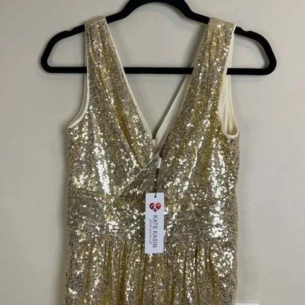 NWT Kate Kasin Gold Sequin V-Neck Formal Maxi Gown Dress Size XS US 2 - Image 12