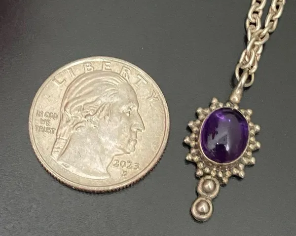 Vintage Handcrafted 925 Sterling Silver Amethyst Cabochon Pendant 18” Necklace - Image 6