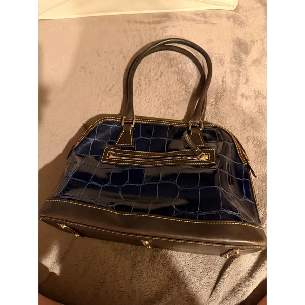 Dooney & Bourke Womens Satchel Med Navy Patent Leather Croc Embossed Dome Bag - Image 3