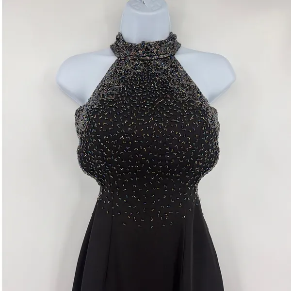 Y2K Beaded Halter Prom Dress Sz 0 Open Back Glam Vampy Gala Formal Full Length - Image 5