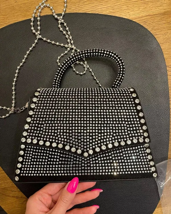 Handbag bling black silver chain cross body evening clutch new - Image 3