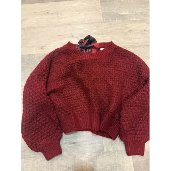 NWT Altar'd State Burgundy Textured Sweater Plaid Bow Open Back Size Small - Image 2