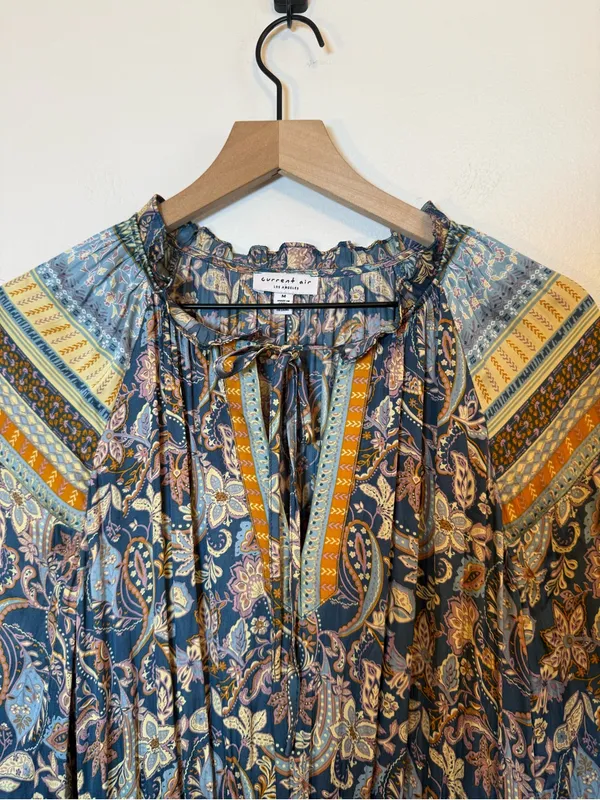 Current Air Bohemian Paisley Floral Printed Pleated Long Sleeve Mini Dress - Image 4