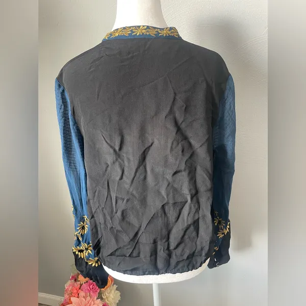 Free People Black & Blue Gold Embroidered Boho Blouse Top - Image 4
