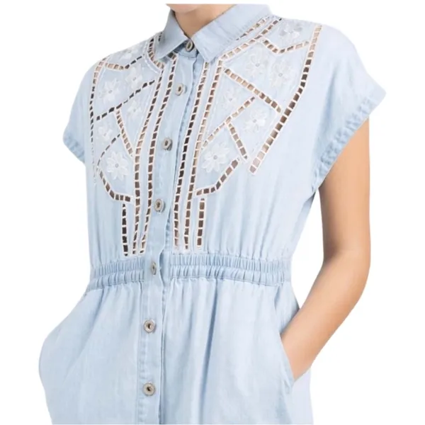 POL Chambray Denim Prairie Midi Dress Embroidered Eyelet Blue S NWOT - Image 4