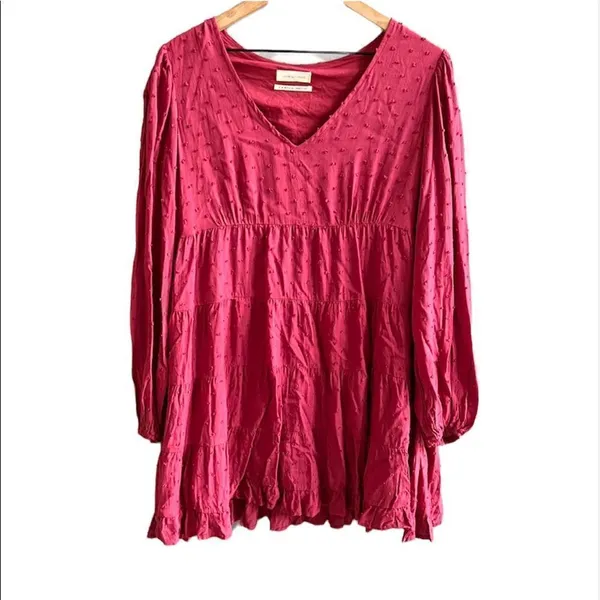 Urban Outfitters Red Wine Long Sleeve Tiered Textured Babydoll Dress Size Medium - Image 2